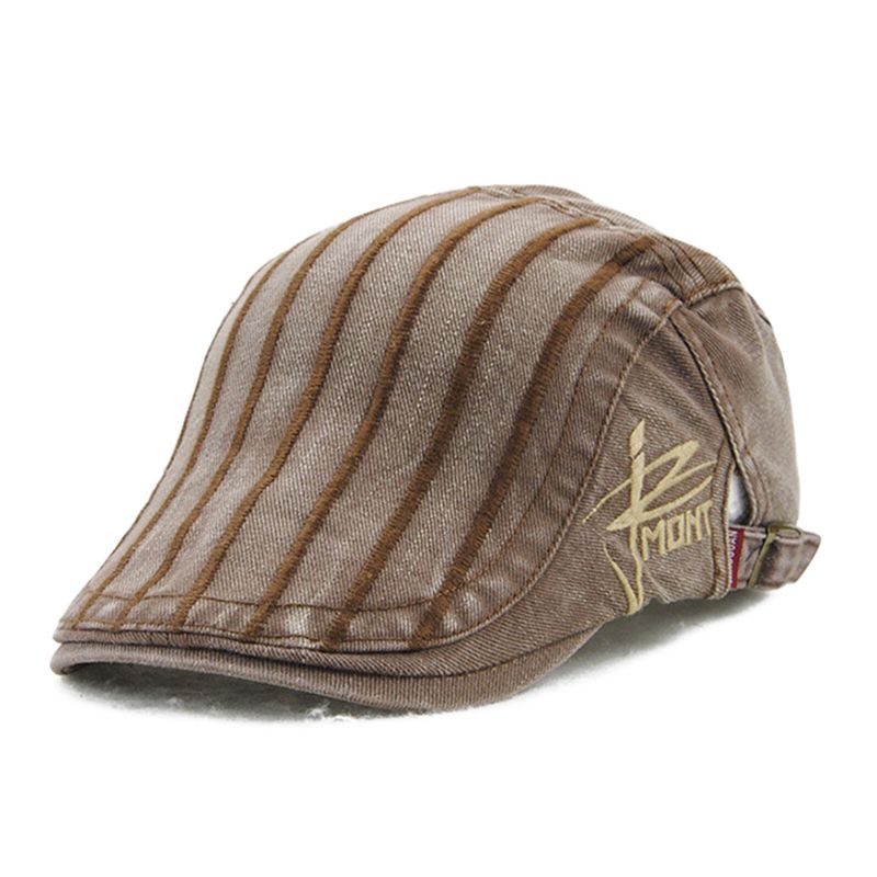 Męska Haftowana CZapka W Paski Outdoor Casual Beret Sun Kapelusz Płaskie Cap