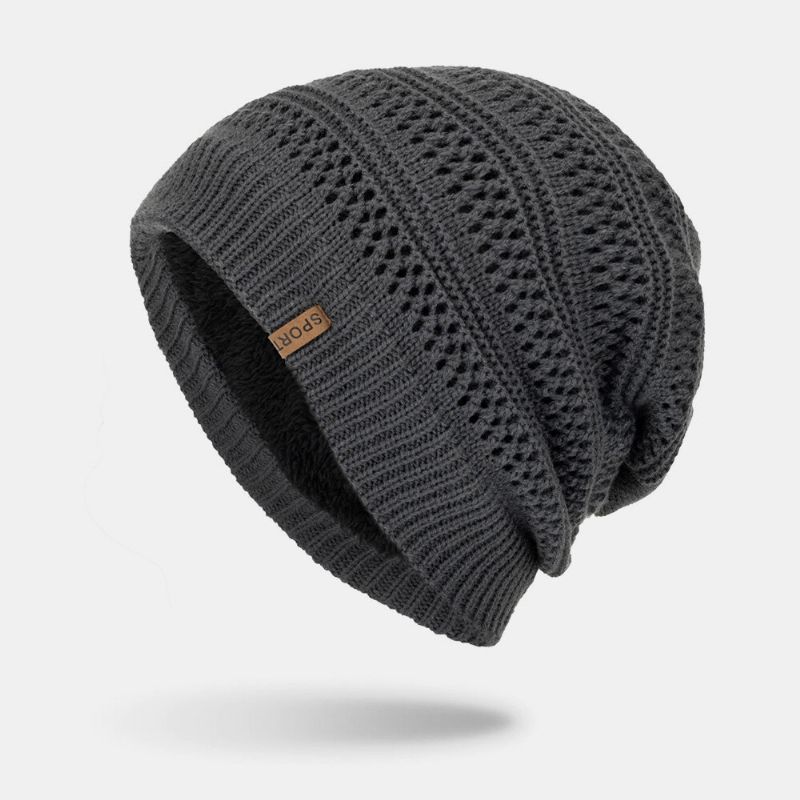 Męskie Hollow Knitted Plus Velvet Solid Color Geometryczny Żakardowy Ciepła CZapka Beanie Bez Ronda