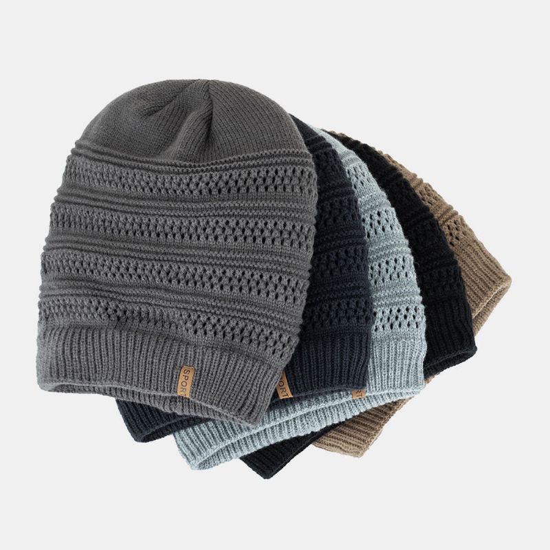 Męskie Hollow Knitted Plus Velvet Solid Color Geometryczny Żakardowy Ciepła CZapka Beanie Bez Ronda