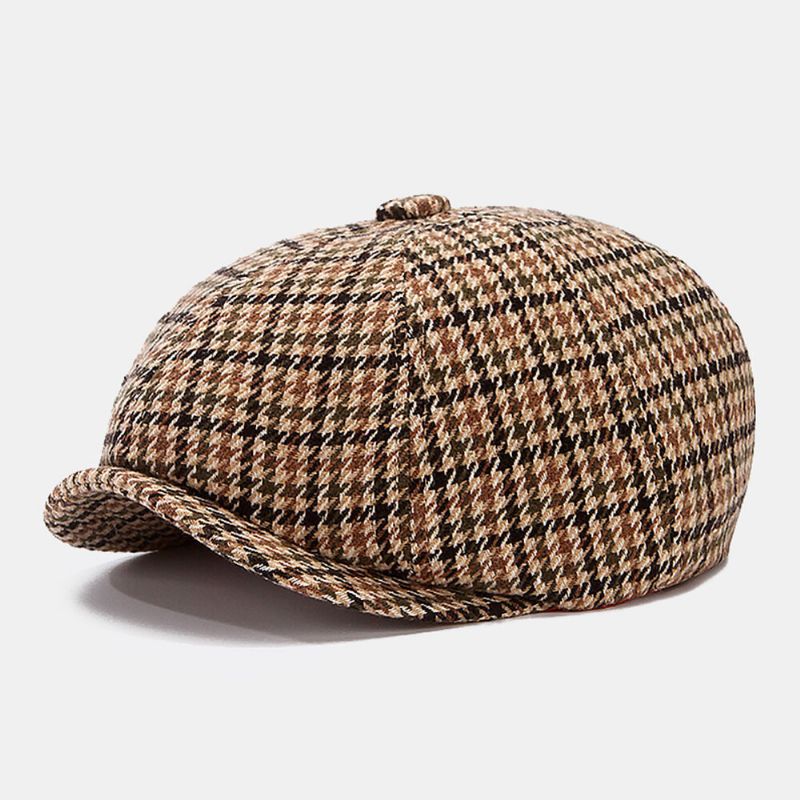 Męskie Kapelusze Gazeciarz Brytyjski Retro Houndstooth Striped Dome Ośmiokątny Kapelusz Cabbie