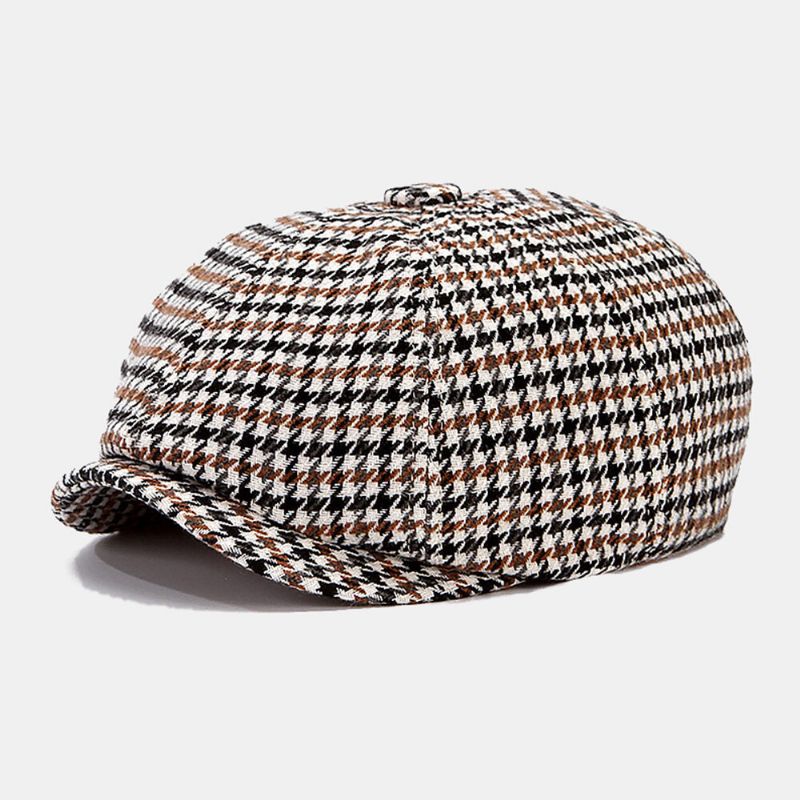 Męskie Kapelusze Gazeciarz Brytyjski Retro Houndstooth Striped Dome Ośmiokątny Kapelusz Cabbie