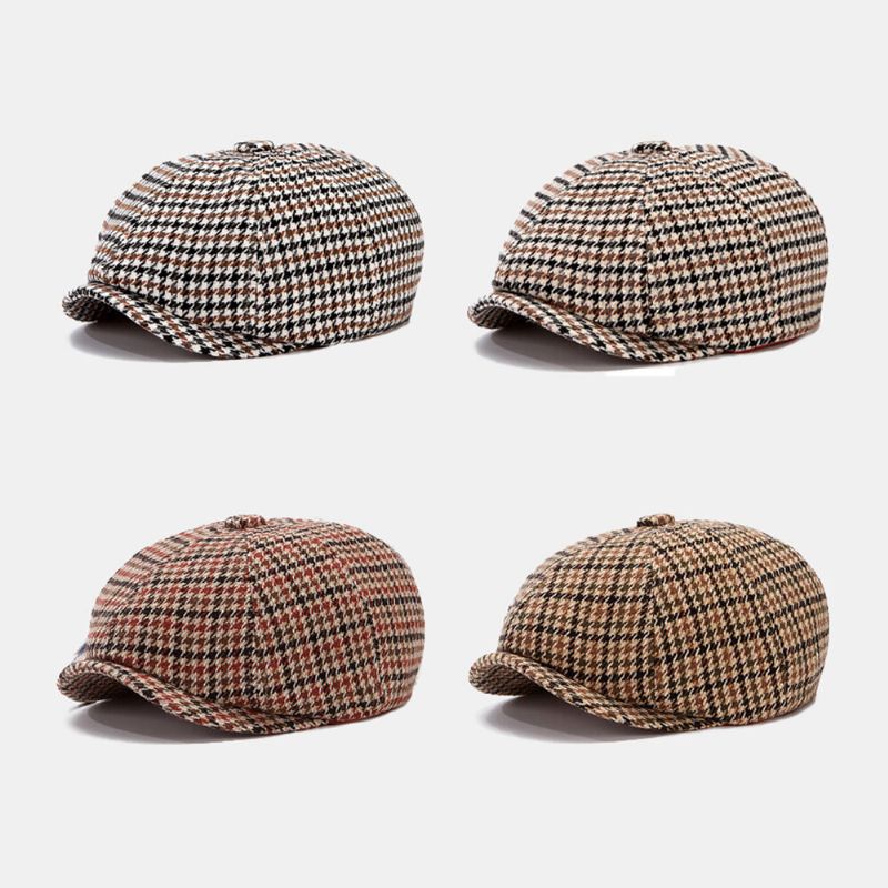 Męskie Kapelusze Gazeciarz Brytyjski Retro Houndstooth Striped Dome Ośmiokątny Kapelusz Cabbie