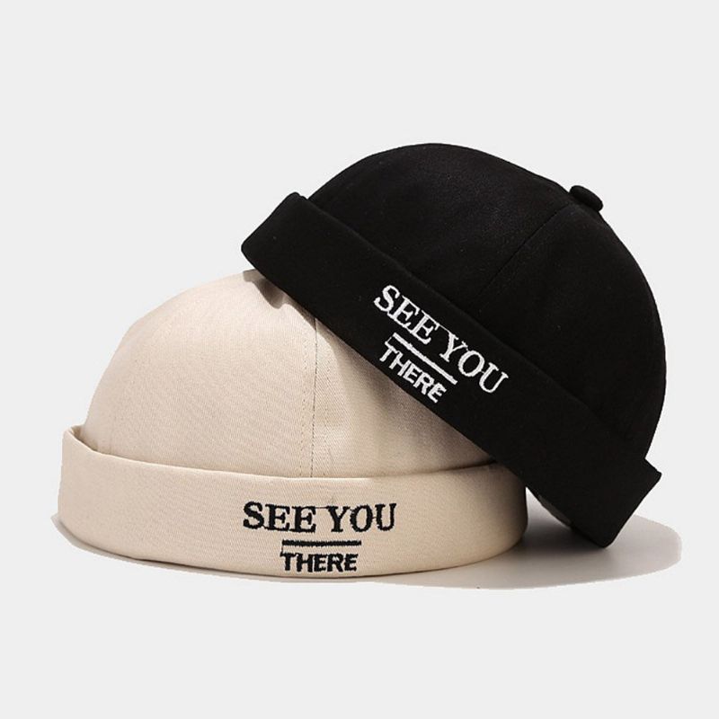 Unisex Bawełna List Haft Wzór Regulowany Hip-hop Brimless Beanie Landlord Cap Skull Cap