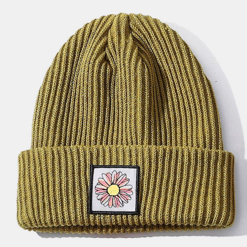 Unisex Bawełniana CZapka Z Dzianiny W Słoneczniki Ciepły Modny Trend Uliczny CZapka Beanie Bez Ronda