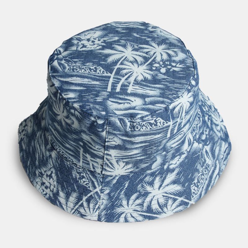 Unisex Bawełniana Dwustronna Nakładka Wzór Drzewa Kokosowego Outdoor Sunshade Bucket Hat