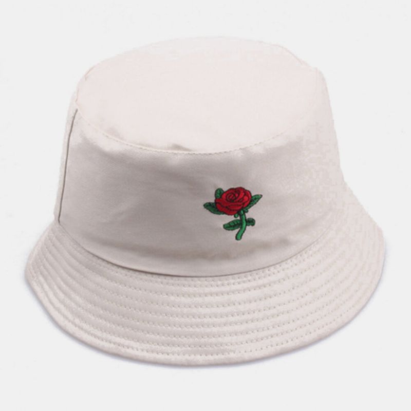 Unisex Cartoon Rose Haft Twill Cap Outdoor Suncree Sunshade Bucket Hat