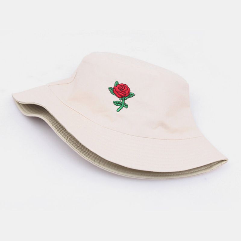 Unisex Cartoon Rose Haft Twill Cap Outdoor Suncree Sunshade Bucket Hat