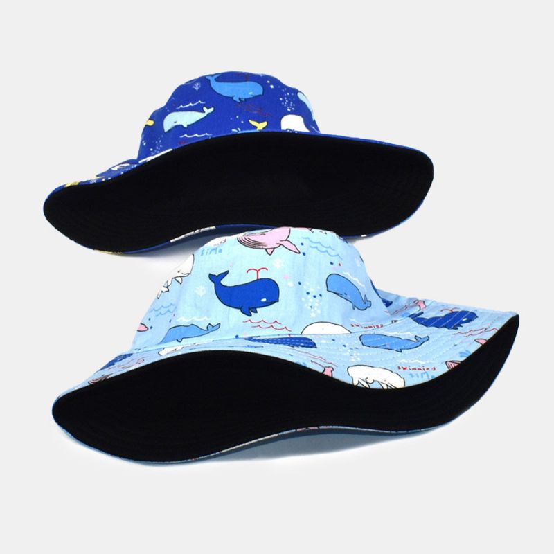 Unisex Cartoon Whale Pattern Dwustronny Kapelusz Typu Bucket Dwustronna Odzież Outdoor Sunshade Beach Hat