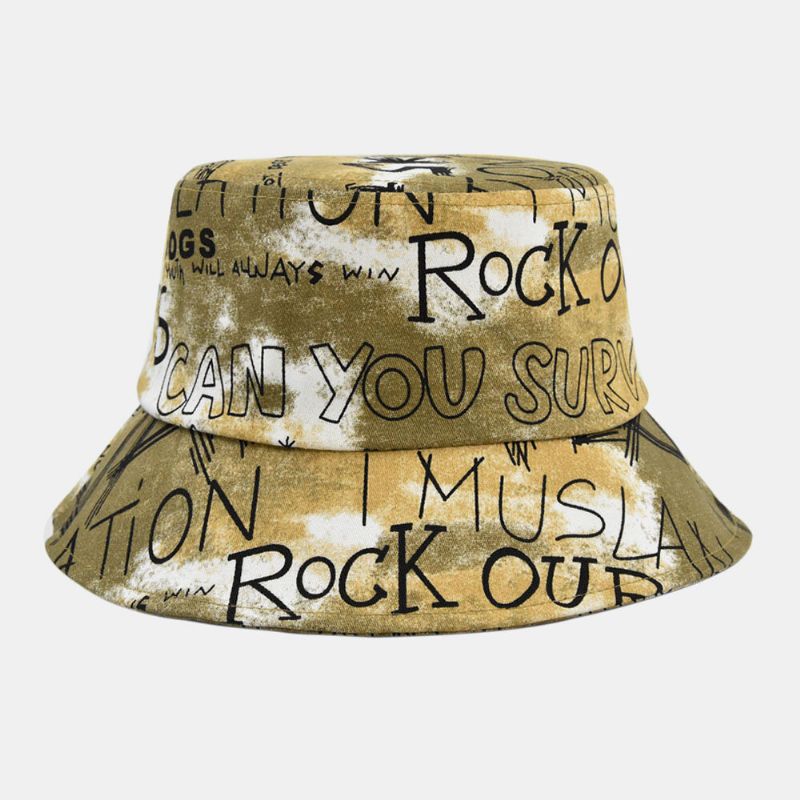 Unisex Cotton Tie-dye Letter Graffiti Pattern Printing Big Brim Sunshade Bucket Hat