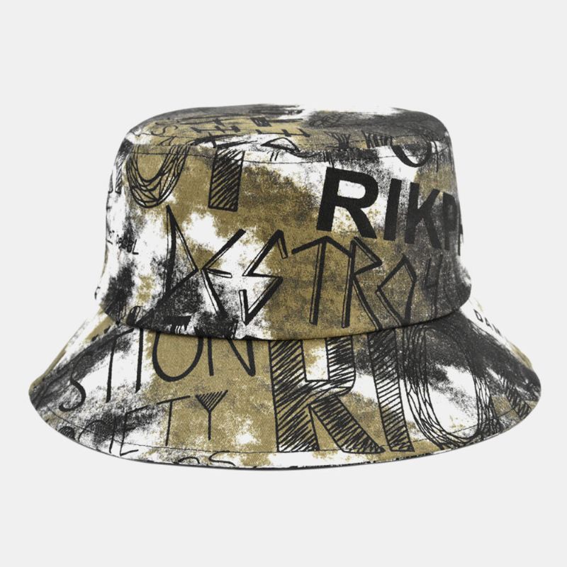 Unisex Cotton Tie-dye Letter Graffiti Pattern Printing Big Brim Sunshade Bucket Hat