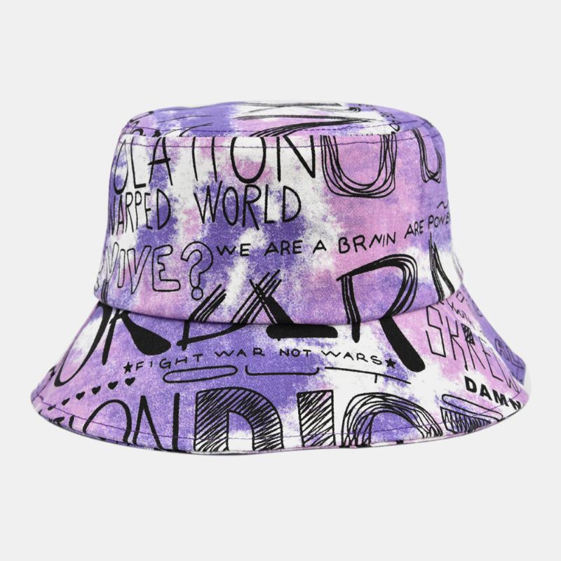 Unisex Cotton Tie-dye Letter Graffiti Pattern Printing Big Brim Sunshade Bucket Hat