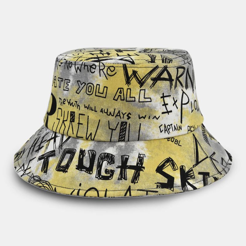 Unisex Cotton Tie-dye Letter Graffiti Pattern Printing Big Brim Sunshade Bucket Hat