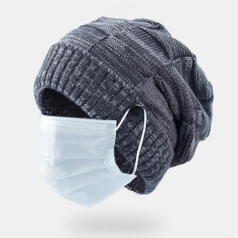 Unisex CZapki Z Dzianiny Mieszane Kolory Plus Aksamitna Zagęszczona Dekoracja Guzików Odporna Na Zimno CZapka Beanie Bez Ronda