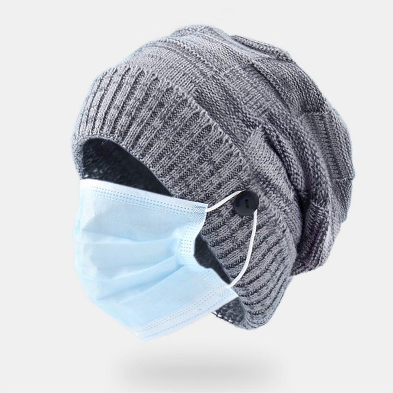 Unisex CZapki Z Dzianiny Mieszane Kolory Plus Aksamitna Zagęszczona Dekoracja Guzików Odporna Na Zimno CZapka Beanie Bez Ronda