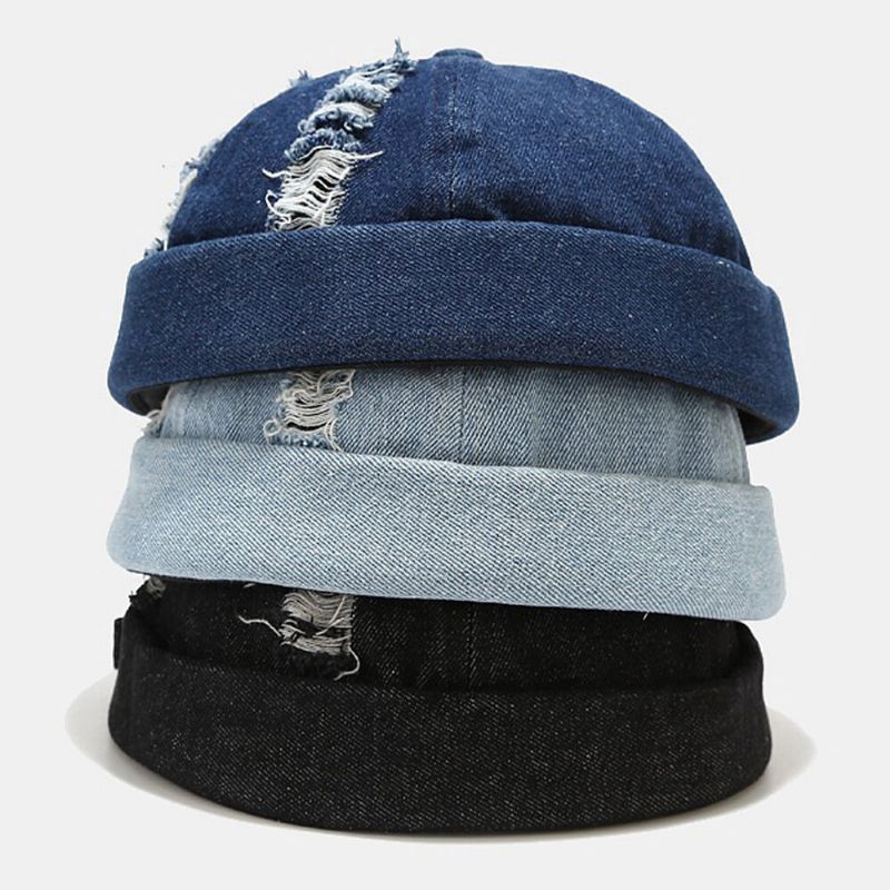 Unisex Denim Broken Holes Made-old Fashion Outdoor Beanie CZapka Landlord Cap Skull Cap