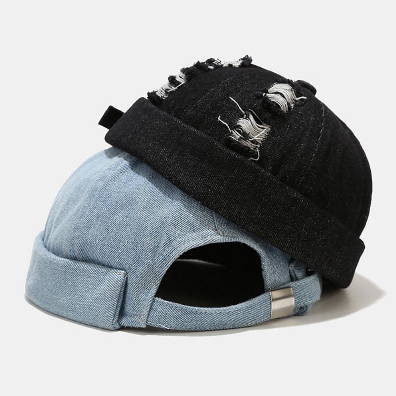 Unisex Denim Broken Holes Made-old Fashion Outdoor Beanie CZapka Landlord Cap Skull Cap