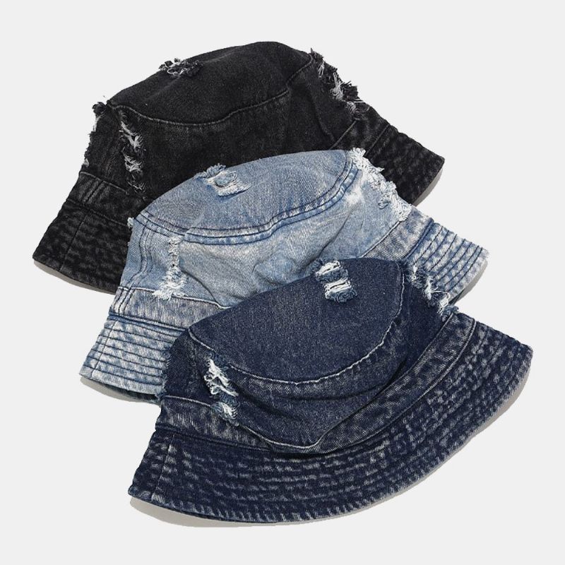 Unisex Denim Broken Holes Made-old Fashion Outdoor Sunshade Bucket Hat