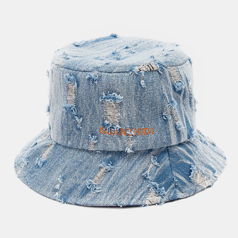 Unisex Denim List Wzór Haft Uszkodzony Made-old Fashion Bucket Hat