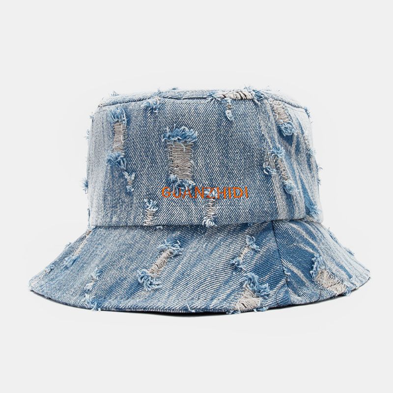 Unisex Denim List Wzór Haft Uszkodzony Made-old Fashion Bucket Hat