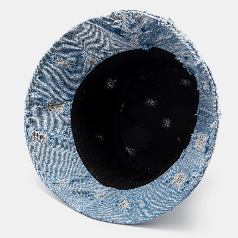 Unisex Denim List Wzór Haft Uszkodzony Made-old Fashion Bucket Hat