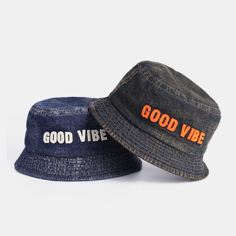 Unisex Denim Made-old Letters Pattern Fashion Outdoor Sunshade Bucket Hat