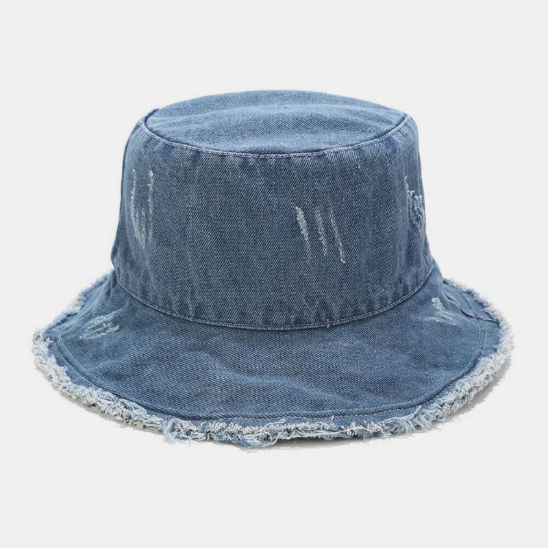 Unisex Denim Składany Złamane Dziury Tassel Wykonany Stary Moda Retro Outdoor Sunshade Bucket Hat