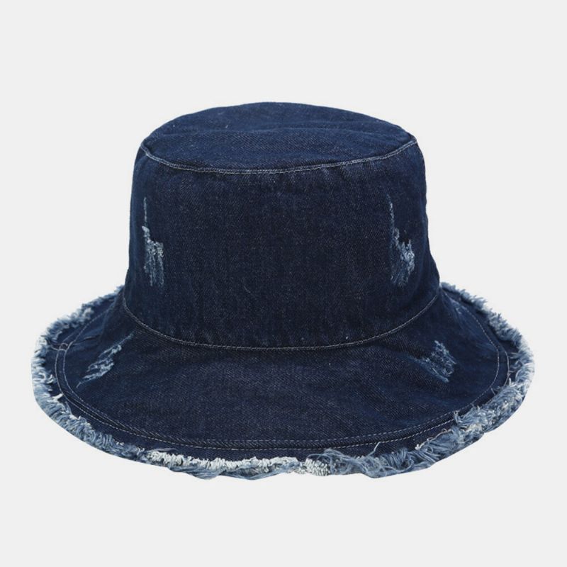 Unisex Denim Składany Złamane Dziury Tassel Wykonany Stary Moda Retro Outdoor Sunshade Bucket Hat