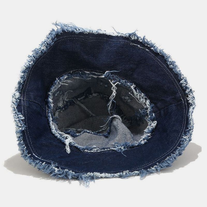 Unisex Denim Składany Złamane Dziury Tassel Wykonany Stary Moda Retro Outdoor Sunshade Bucket Hat