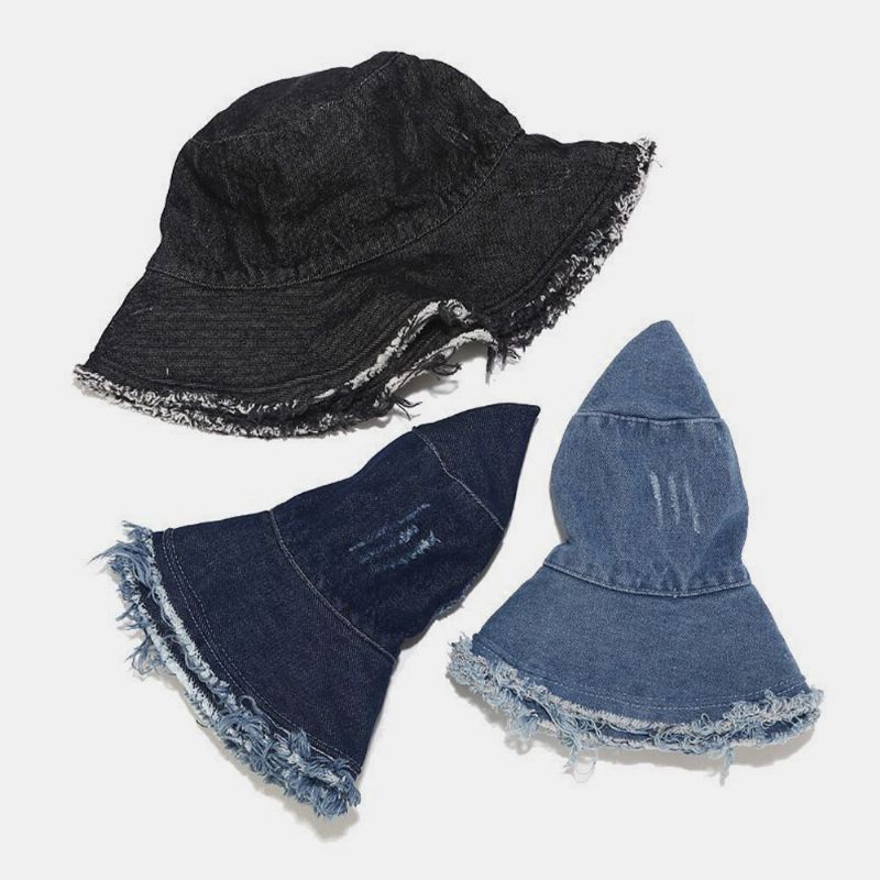 Unisex Denim Składany Złamane Dziury Tassel Wykonany Stary Moda Retro Outdoor Sunshade Bucket Hat