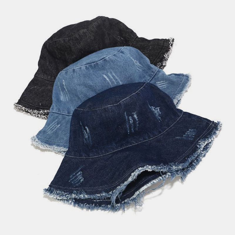 Unisex Denim Składany Złamane Dziury Tassel Wykonany Stary Moda Retro Outdoor Sunshade Bucket Hat