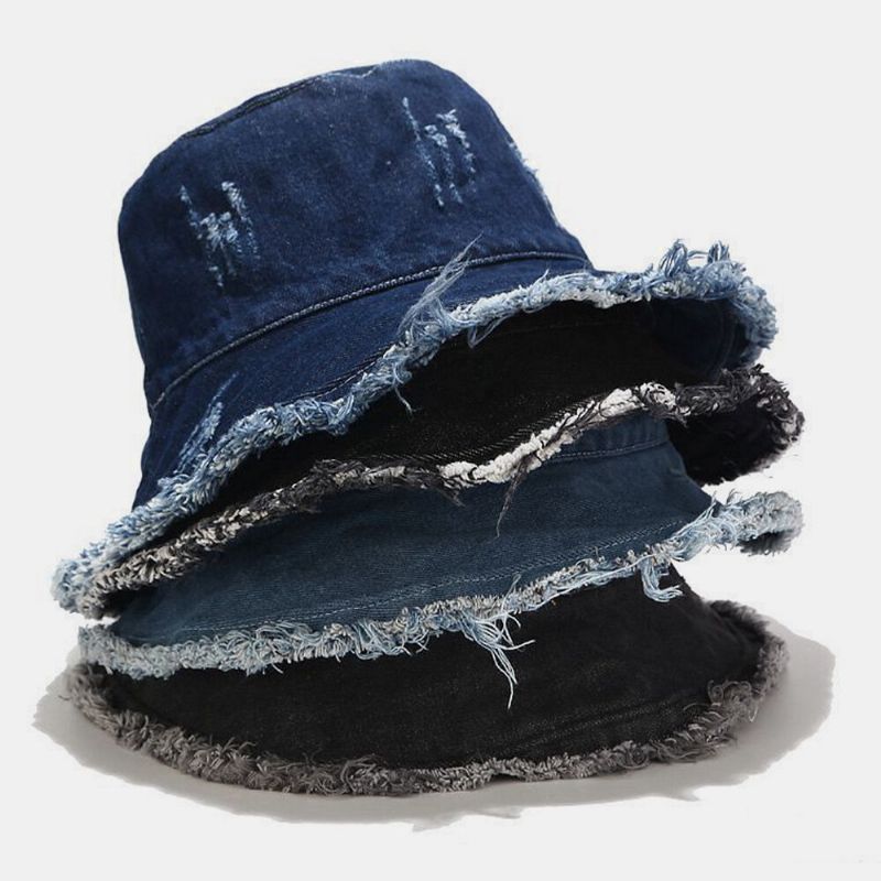 Unisex Denim Składany Złamane Dziury Tassel Wykonany Stary Moda Retro Outdoor Sunshade Bucket Hat