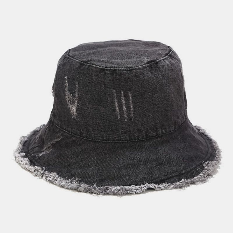 Unisex Denim Składany Złamane Dziury Tassel Wykonany Stary Moda Retro Outdoor Sunshade Bucket Hat