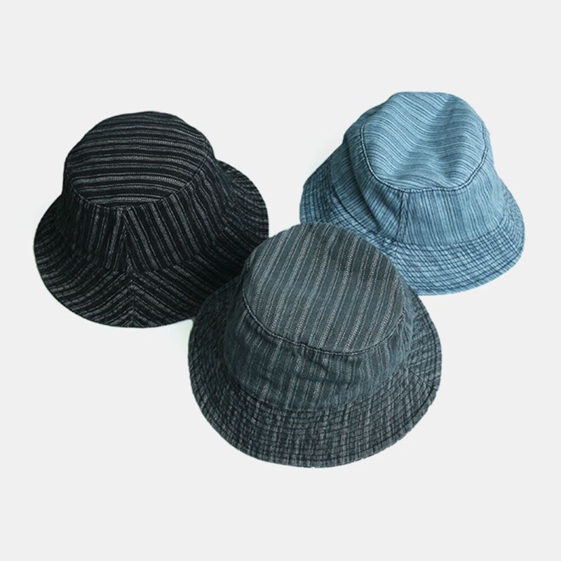 Unisex Denim Stripes Pattern Casual Travel Sunshade Bucket Hat