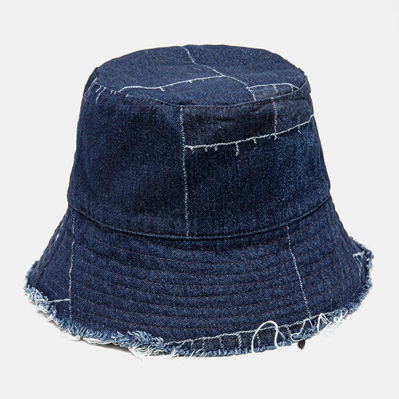 Unisex Denim W Trudnej Sytuacji Postrzępiony Brzeg Vintage Casual Osłona Przeciwsłoneczna Składane Płaskie Kapelusze CZapki Wiadro