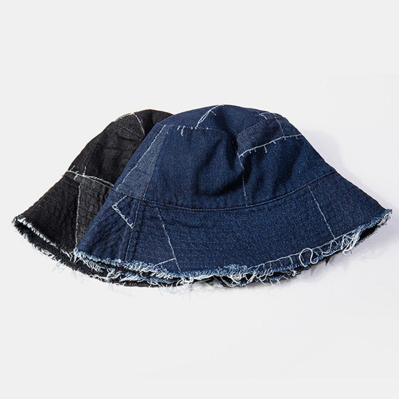 Unisex Denim W Trudnej Sytuacji Postrzępiony Brzeg Vintage Casual Osłona Przeciwsłoneczna Składane Płaskie Kapelusze CZapki Wiadro