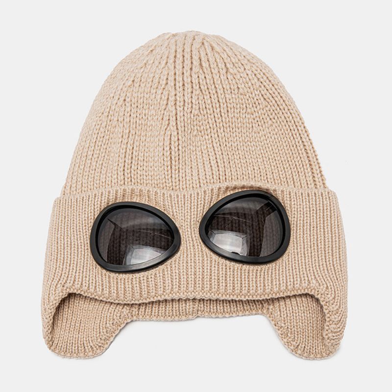 Unisex Dzianinowe Okulary Przeciwsłoneczne W Jednolitym Kolorze Dekoracja Soczewki Zagęścić Ciepło Modna CZapka Beanie