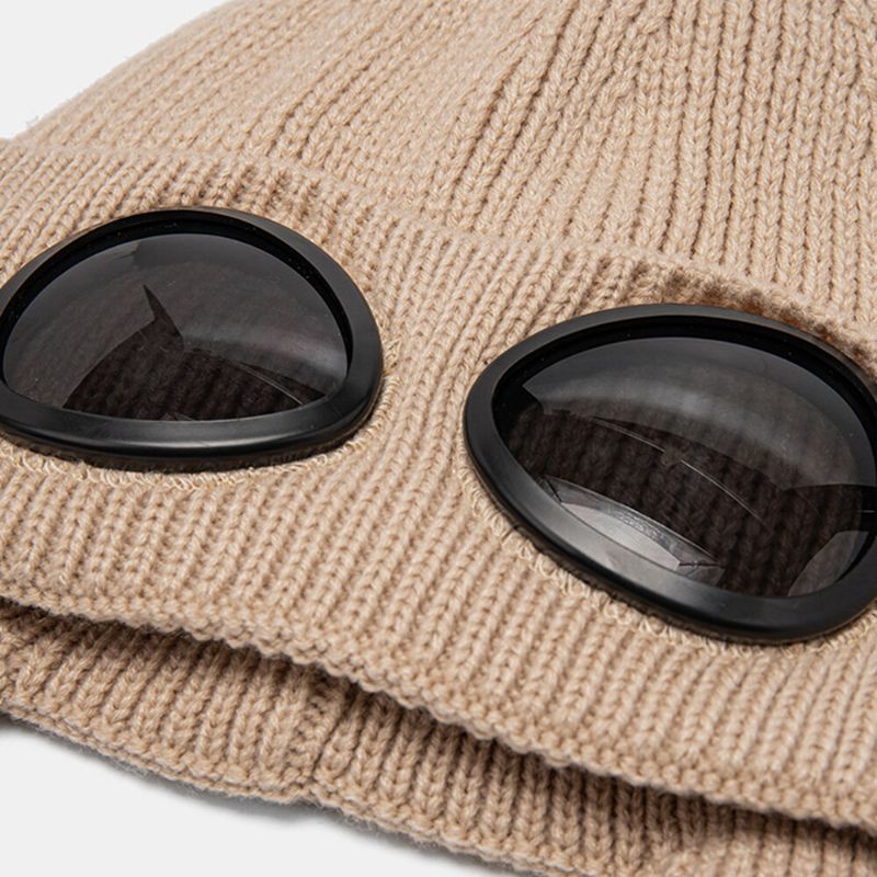 Unisex Dzianinowe Okulary Przeciwsłoneczne W Jednolitym Kolorze Dekoracja Soczewki Zagęścić Ciepło Modna CZapka Beanie