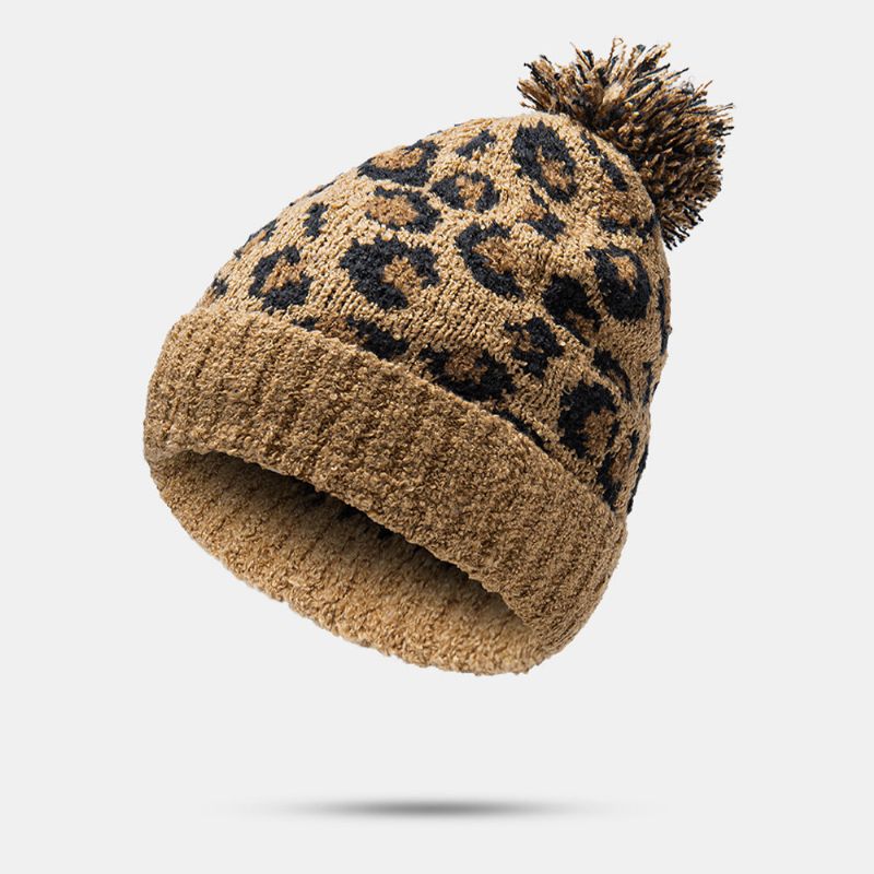 Unisex Dzianinowy Wzór W Cętki Futrzana Kula Ozdoba Z Kołnierzem Dorywczo Ciepła CZapka Beanie