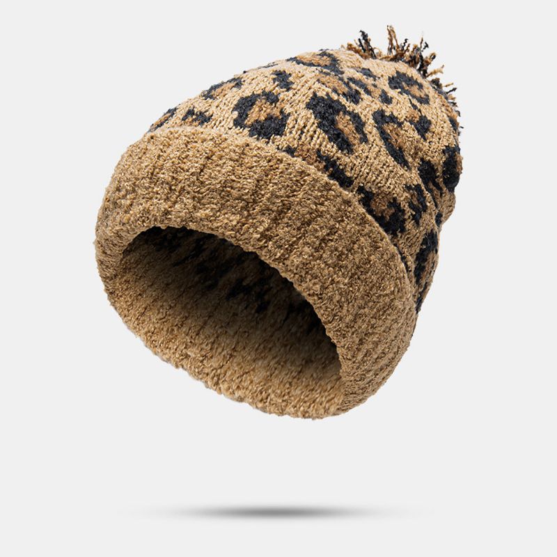 Unisex Dzianinowy Wzór W Cętki Futrzana Kula Ozdoba Z Kołnierzem Dorywczo Ciepła CZapka Beanie