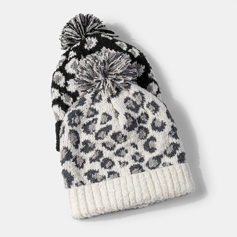 Unisex Dzianinowy Wzór W Cętki Futrzana Kula Ozdoba Z Kołnierzem Dorywczo Ciepła CZapka Beanie