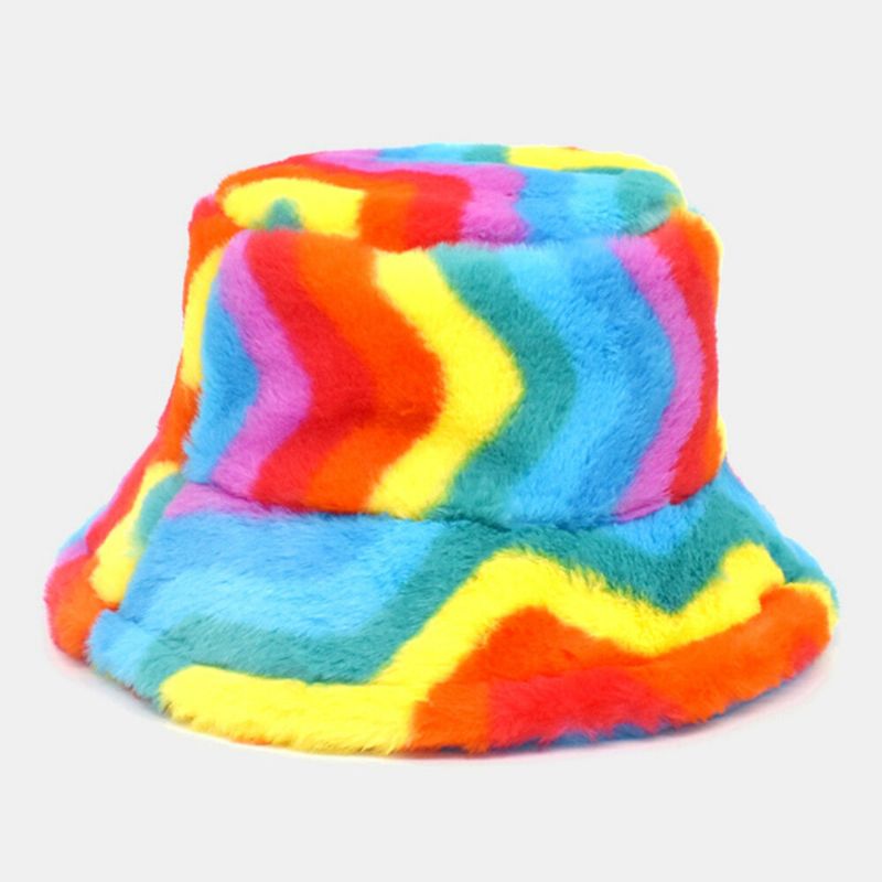 Unisex Faux Rabbit Fur Kolor Tęczy Paski Zagęścić Outdoor Warm Bucket Hat