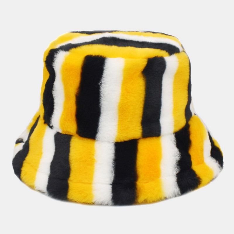 Unisex Faux Rabbit Fur Kolor Tęczy Paski Zagęścić Outdoor Warm Bucket Hat