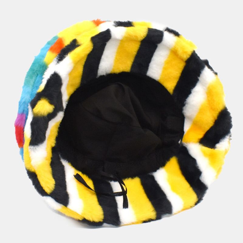 Unisex Faux Rabbit Fur Kolor Tęczy Paski Zagęścić Outdoor Warm Bucket Hat