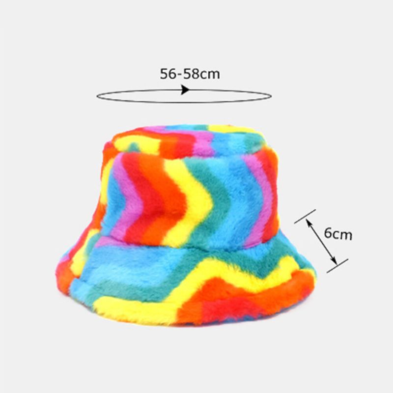 Unisex Faux Rabbit Fur Kolor Tęczy Paski Zagęścić Outdoor Warm Bucket Hat