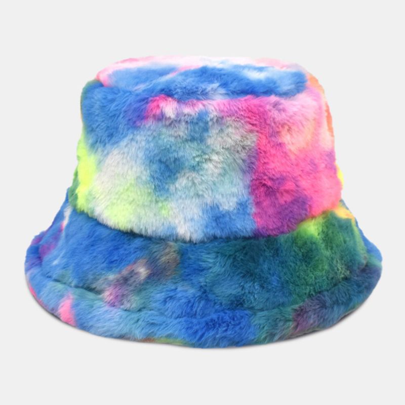 Unisex Faux Rabbit Fur Kolorowe Gradient Tie-dye Kapelusz Wiadro Zima Zagęścić Ciepło Wiatroszczelna Moda Kapelusz Parasolka