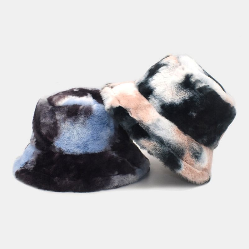 Unisex Faux Rabbit Fur Kolorowe Gradient Tie-dye Kapelusz Wiadro Zima Zagęścić Ciepło Wiatroszczelna Moda Kapelusz Parasolka