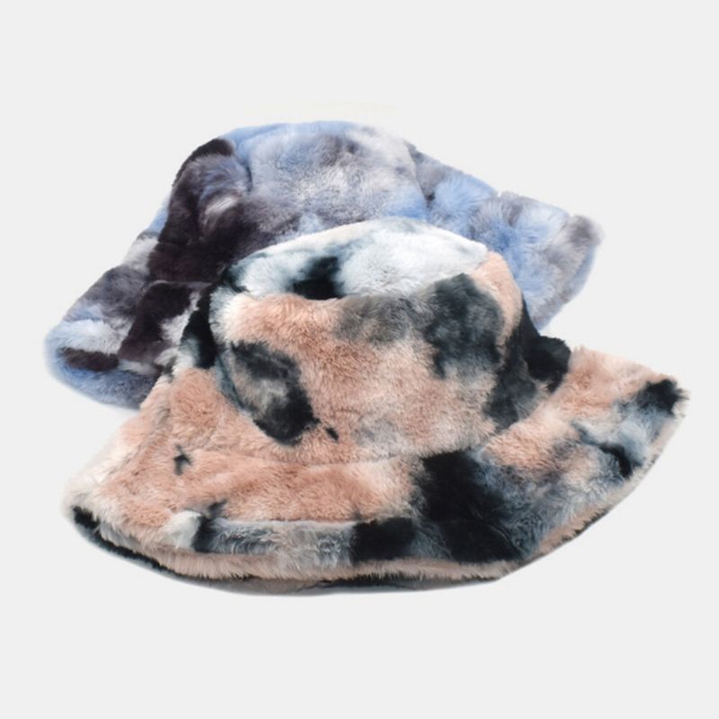 Unisex Faux Rabbit Fur Kolorowe Gradient Tie-dye Kapelusz Wiadro Zima Zagęścić Ciepło Wiatroszczelna Moda Kapelusz Parasolka