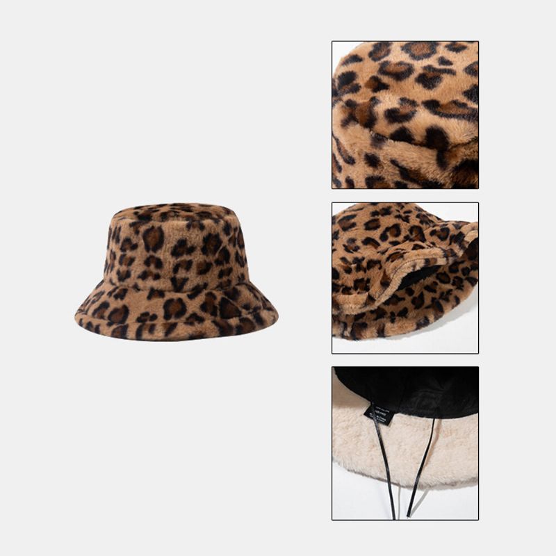 Unisex Faux Rabbit Fur Leopard Pattern Zagęścić Ciepło Vintage Bucket Hat