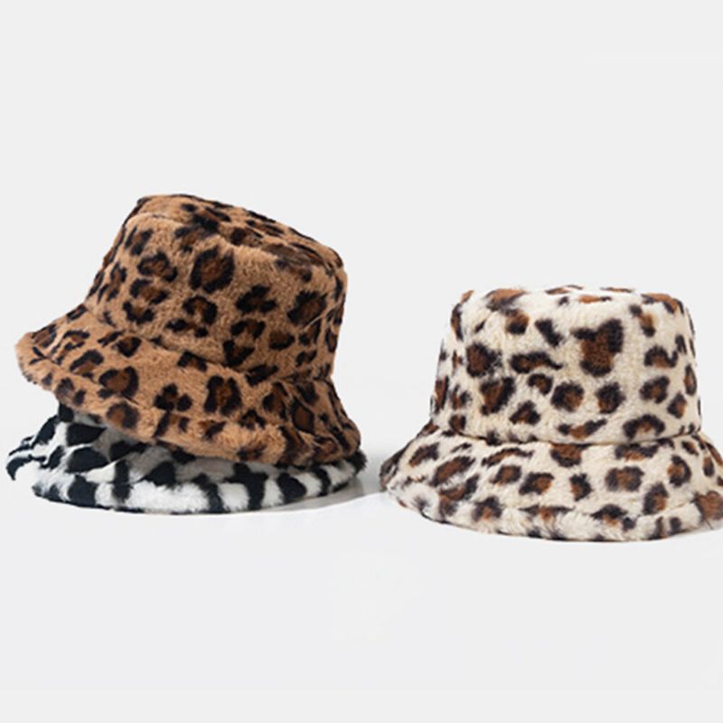 Unisex Faux Rabbit Fur Leopard Pattern Zagęścić Ciepło Vintage Bucket Hat