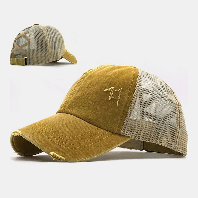 Unisex Kamuflaż Stretch Fit CZapka Siatkowa Oddychająca CZapka Typu Trucker Cross Kucyk CZapka Z Daszkiem